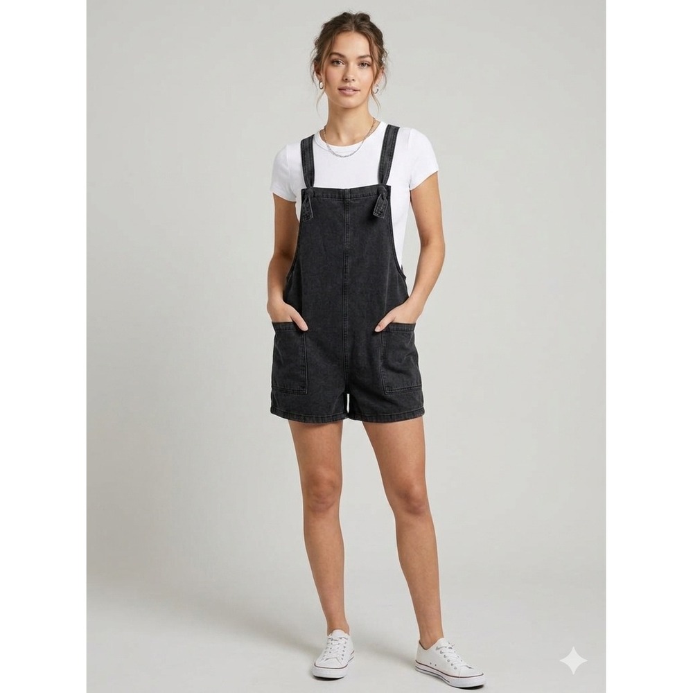 Zenana Womens Mineral Wash Black Denim Shortalls Overalls Size L NWT